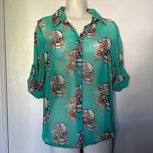 Candy Couture Sheer Floral Skull Top with Button Tab Sleeves